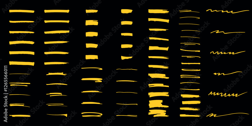 Yellow highlighter elements big set, hand drawn marker stripe. Underline, colorful text mark. Markers brushes underline collection. Vector illustration isolated on black background	