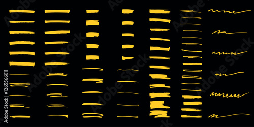 Yellow highlighter elements big set, hand drawn marker stripe. Underline, colorful text mark. Markers brushes underline collection. Vector illustration isolated on black background	