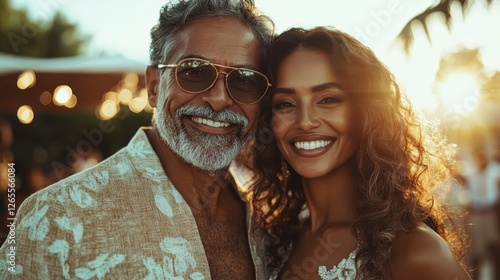 An elderly couple beams with joy as they enjoy a pleasant afternoon outdoors, capturing the essence of enduring love and companionship in a beautiful setting. photo