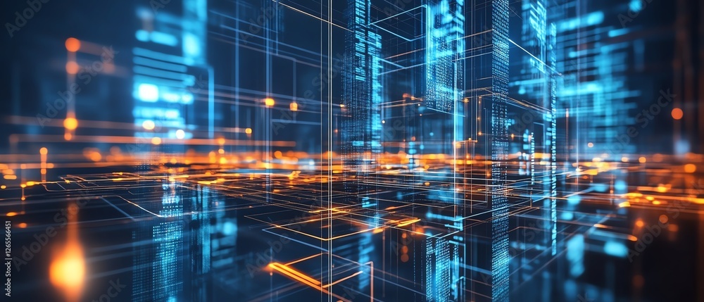 Fototapeta premium Digital twin concept with mirrored holographic architecture and real-time data projections