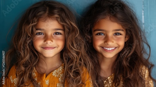 The two young girls are sharing joyous smiles, their playful expressions radiating pure happiness and the innocence of childhood captured in a heartwarming moment.