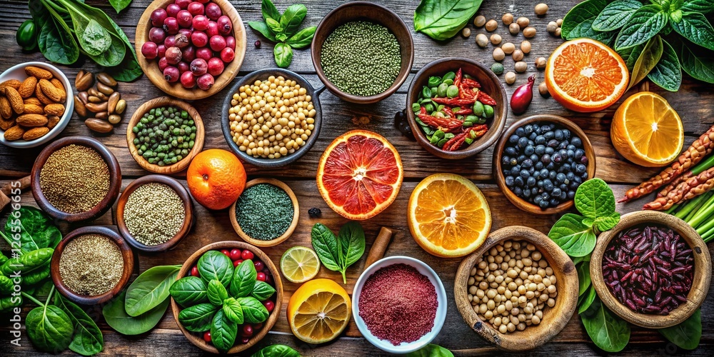 Aerial View of Diverse Folate-Rich Foods: Leafy Greens, Citrus Fruits, Legumes & Fortified Grains Aerial View of Diverse Folate-Rich Foods: Leafy Greens, Citrus Fruits, Legumes & Fortified Grains