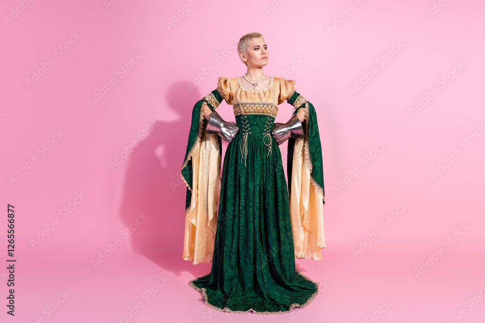 Fototapeta premium Young woman in medieval queen costume posing against a pink background