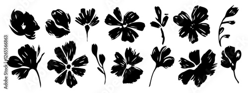 Set of black silhouettes of flowers in brush stroke ink style. Hand drawn vector illustrations clipart isolated on transparent background