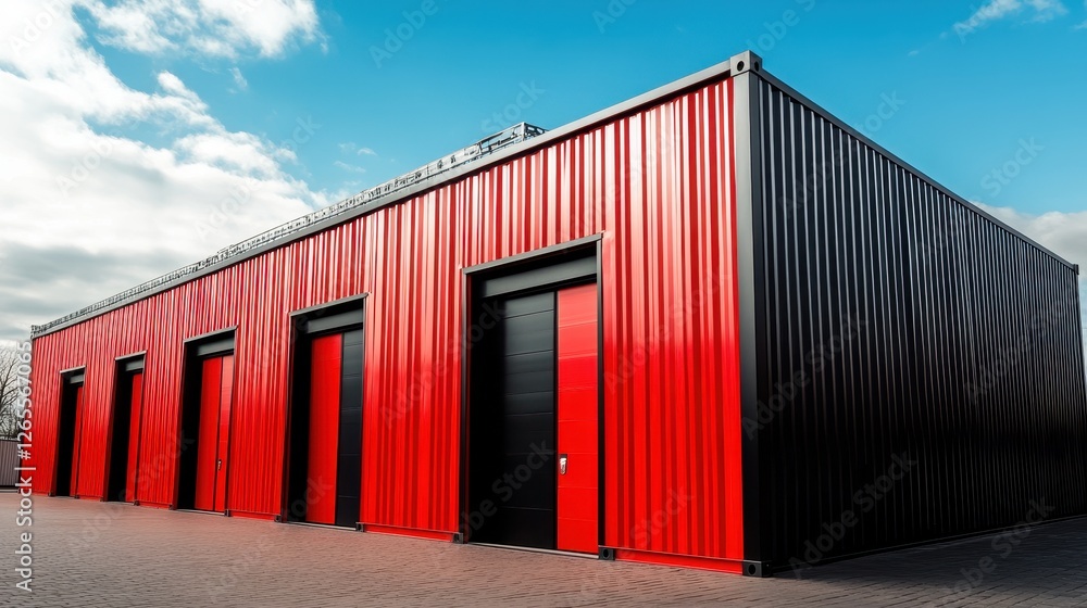 Fototapeta premium Red and Black Industrial Storage Facility Under Clear Blue Sky