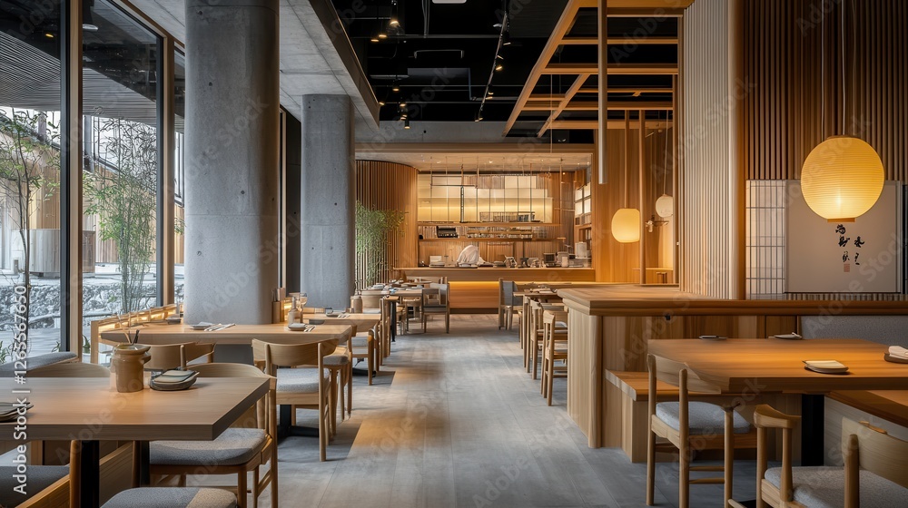 Interior view of a serene contemporary Japanese restaurant design Interior view of a serene contemporary Japanese restaurant design