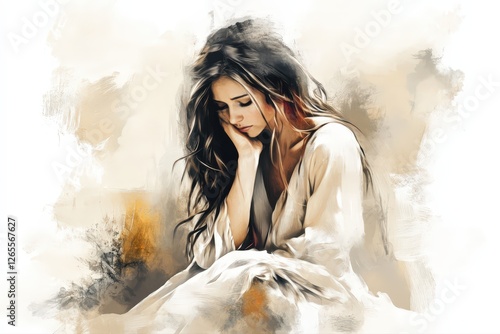 A thoughtful woman sitting in deep reflection, lost in spiritual contemplation. Digital watercolor illustration