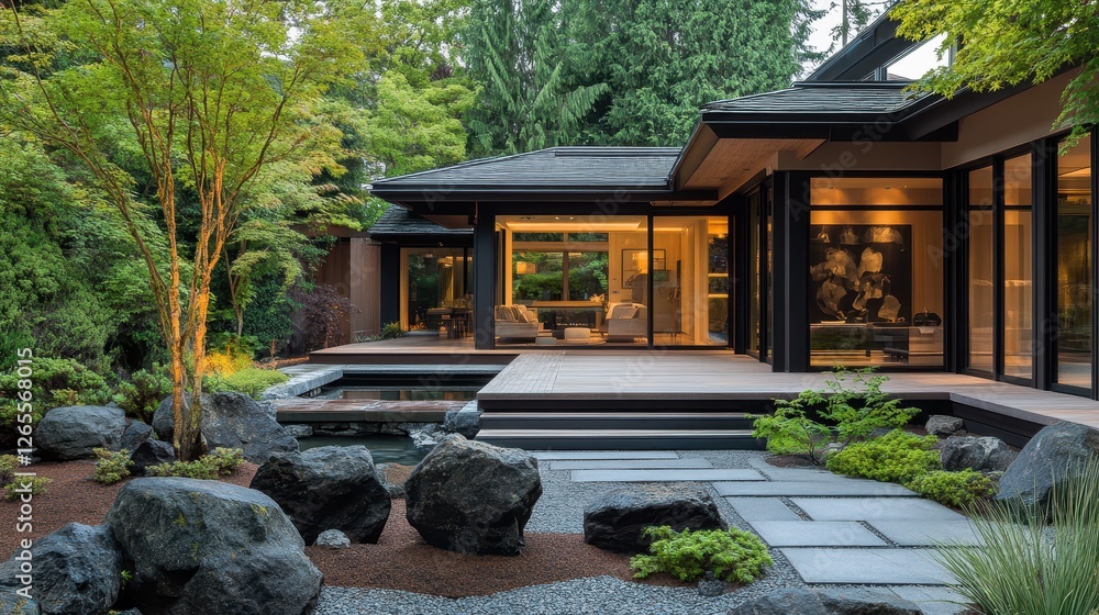 Fototapeta premium Modern house with beautiful zen garden pond and deck