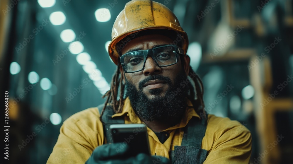 A dedicated worker in protective gear intently engages with his phone amid a bustling industrial background, highlighting the blend of technology and manual labor. A dedicated worker in protective gear intently engages with his phone amid a bustling industrial background, highlighting the blend of technology and manual labor.