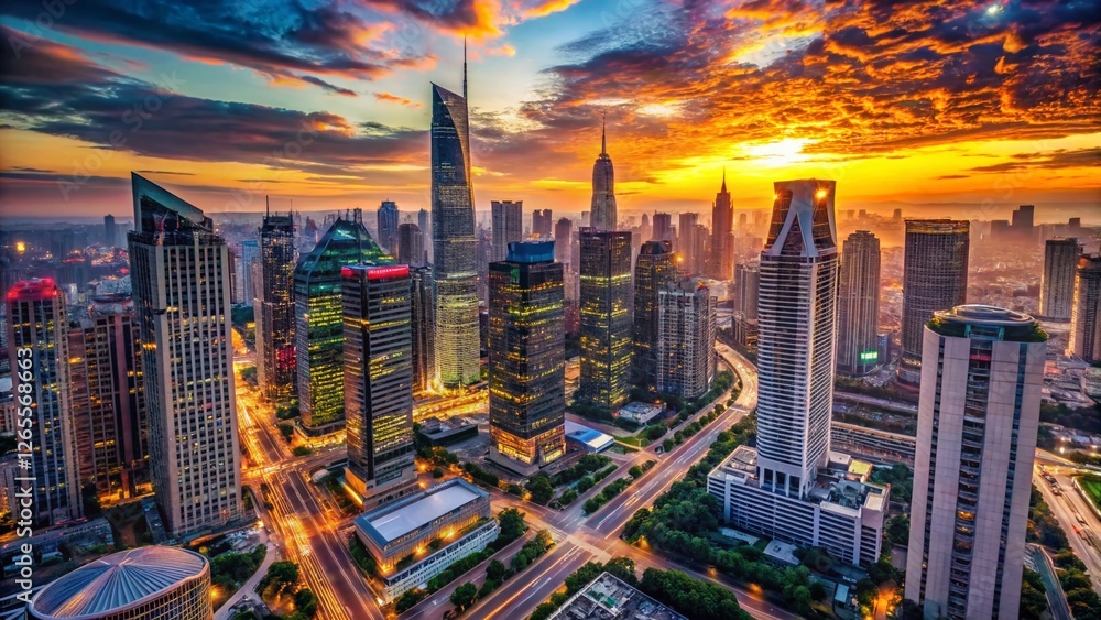 Obraz premium Aerial View of Global Business District Skyline - International Trade and Commerce