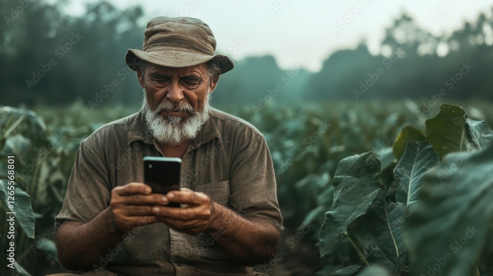 An elderly farmer sits in a field, focused on his smartphone, integrating modern technology with traditional farming while navigating the ever-evolving agricultural landscape. An elderly farmer sits in a field, focused on his smartphone, integrating modern technology with traditional farming while navigating the ever-evolving agricultural landscape.