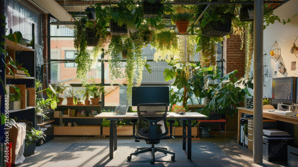 Modern office space with abundant greenery, featuring desk, chair, and plants. bright atmosphere promotes creativity and productivity in serene environment Modern office space with abundant greenery, featuring desk, chair, and plants. bright atmosphere promotes creativity and productivity in serene environment