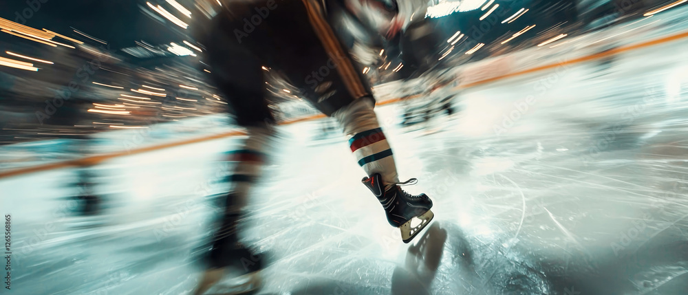 Obraz premium Dynamic ice hockey action shot of a focused players speeding across the rink, controlling the puck with precision. Motion blur enhances energy, intensity, and competition. Sport mockup. Generative ai