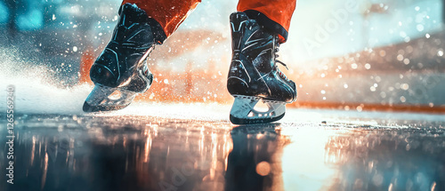 Dynamic close-up of a hockey player’s skates gliding on the ice, kicking up snow.Intense arena lights, action-packed energy, pro-level speed capture the thrill of competitive ice hockey.Generative ai photo