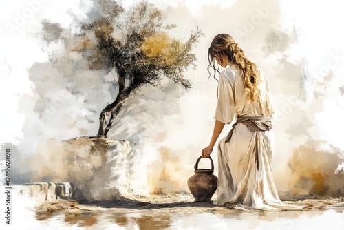 A woman kneeling by a well in a peaceful biblical scene of reflection. Digital watercolor illustration