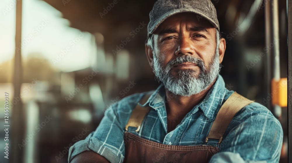 The image showcases a confident middle-aged man wearing a hat and work attire, exuding wisdom and strength while standing in a workshop environment. The image showcases a confident middle-aged man wearing a hat and work attire, exuding wisdom and strength while standing in a workshop environment.