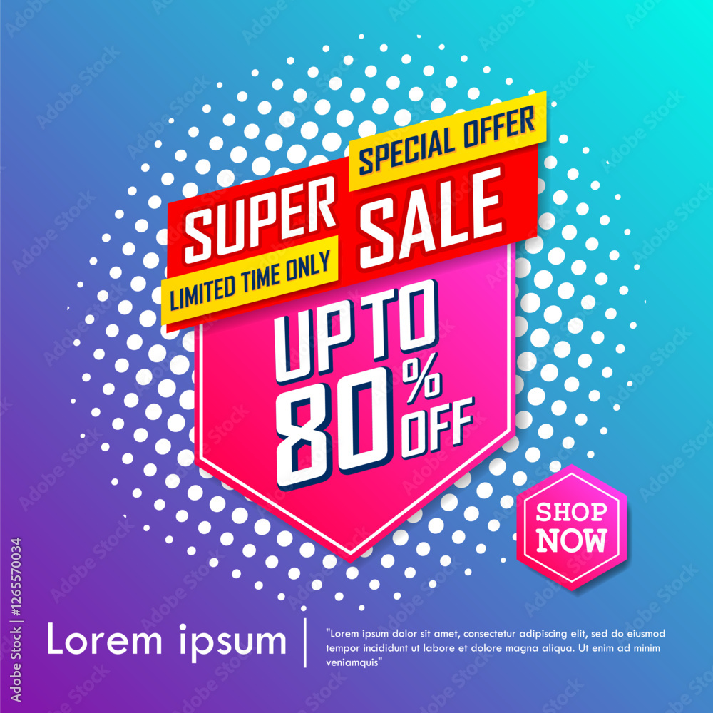 Fototapeta premium Super sale special up to 80% off. big sale, end of season special offer banner. sale banner template design background. vector illustration typography banner design concept.