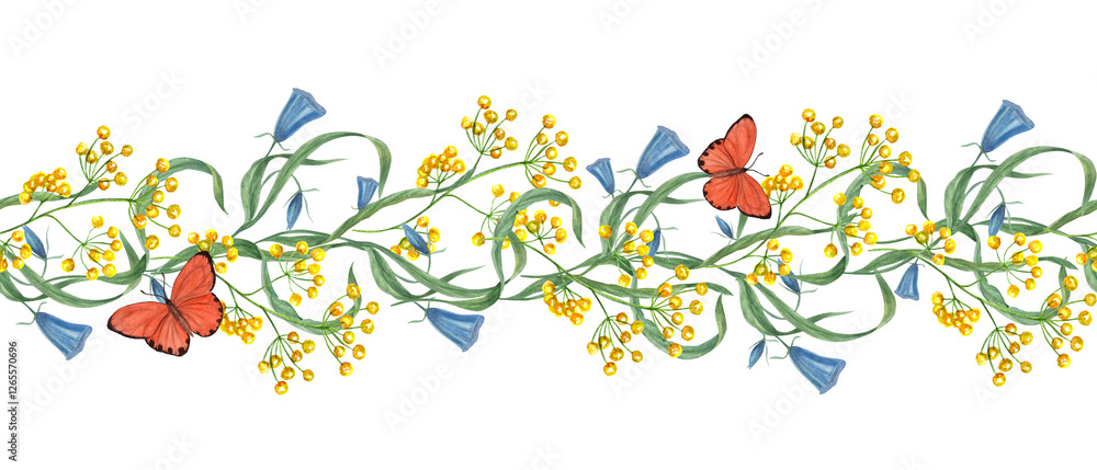 Fototapeta premium Spring field yellow blue wildflowers with fluttering orange butterflies seamless horizontal banner isolated background. Watercolor blooming campanula, flowers, insects illustration for kitchen textile