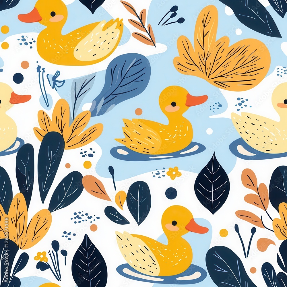 Fototapeta premium Seamless illustrations of minimal animals. A whimsical pattern featuring cheerful yellow ducks swimming amidst colorful leaves and flowers on a light blue background.