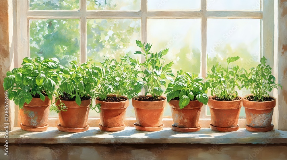 Pojjw 94734 capture an inviting scene featuring pots of fresh herbs and vibrant greenery beside a sunlit window in a cozy home setting Pojjw 94734 capture an inviting scene featuring pots of fresh herbs and vibrant greenery beside a sunlit window in a cozy home setting