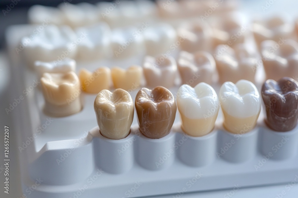 Variety of dental crowns on display for tooth restoration and color matching Variety of dental crowns on display for tooth restoration and color matching
