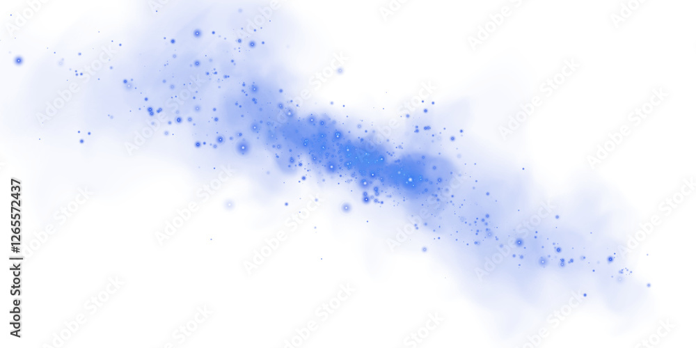 Obraz premium Fantastic blue smoke background. Magic blue smoke with glitter and small particles of twinkling stars. Fog with luminous particles. Blue vapor with stardust. Morning fog over land or water. PNG.