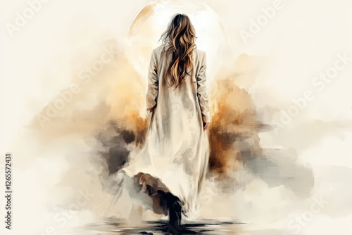 A woman standing in a field with the golden sun behind her in a spiritual moment. Digital watercolor illustration