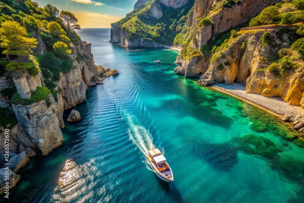 Aerial View of Minimalist Motorboat in Coastal Italy: Turquoise Waters & Dramatic Cliffs Aerial View of Minimalist Motorboat in Coastal Italy: Turquoise Waters & Dramatic Cliffs