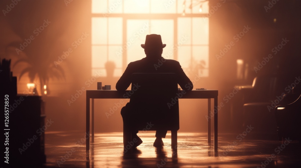 Obraz premium Man in hat sits at desk, room's dimly lit, website banner