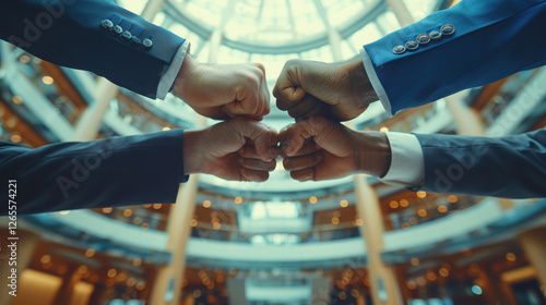 A group of businessmen in elegant suits doing a fist bump in a modern office interior. Male investors assembled together, agreeing to cooperation and partnership at a meeting. Teamwork concept. photo