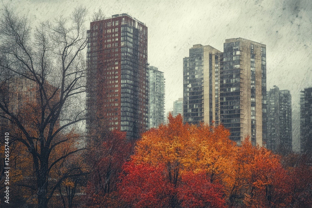Obraz premium Autumn foliage in a city park with tall buildings