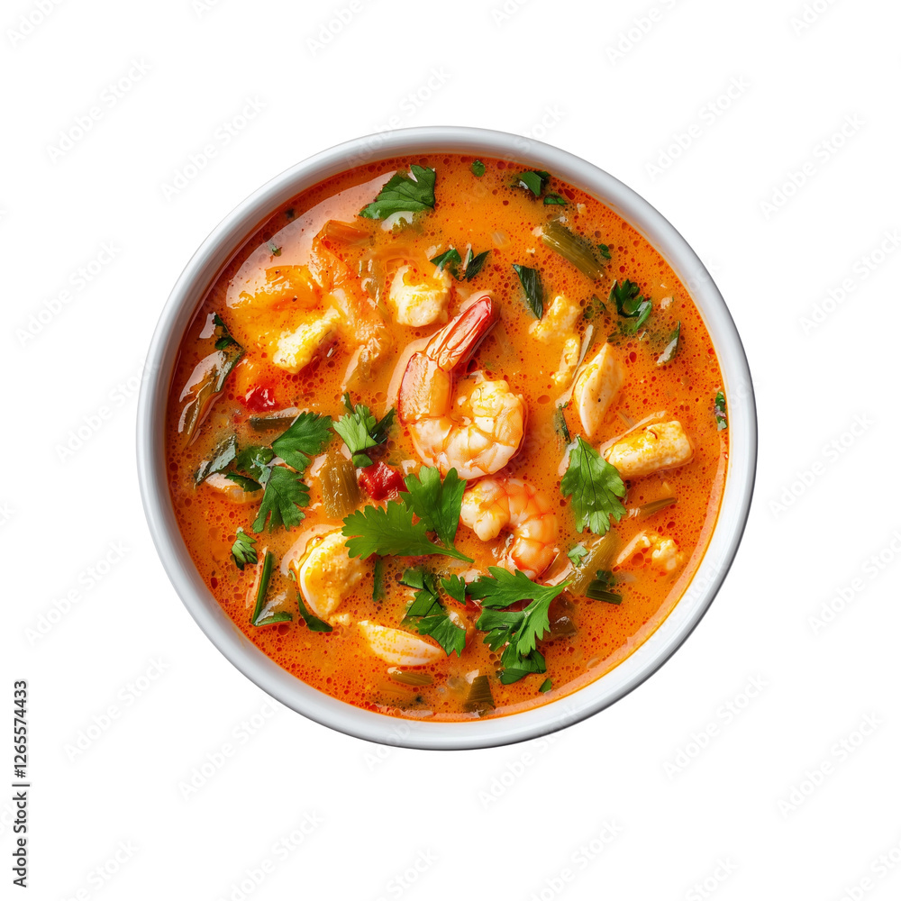 A vibrant bowl of seafood soup featuring shrimp, herbs, and spices in a rich, aromatic broth. A vibrant bowl of seafood soup featuring shrimp, herbs, and spices in a rich, aromatic broth.