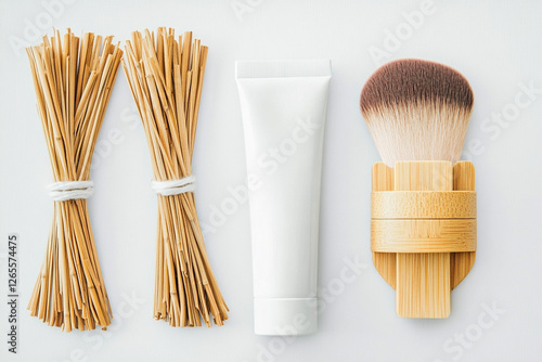 White tube of organic cosmetics neatly placed next to bamboo accessories photo