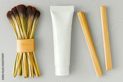 White tube of organic cosmetics neatly placed next to bamboo accessories photo