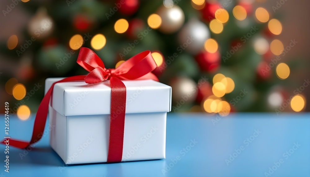 Una caja de regalo blanca con una cinta roja sobre una mesa azul, un árbol de Navidad borroso en el fondo Una caja de regalo blanca con una cinta roja sobre una mesa azul, un árbol de Navidad borroso en el fondo