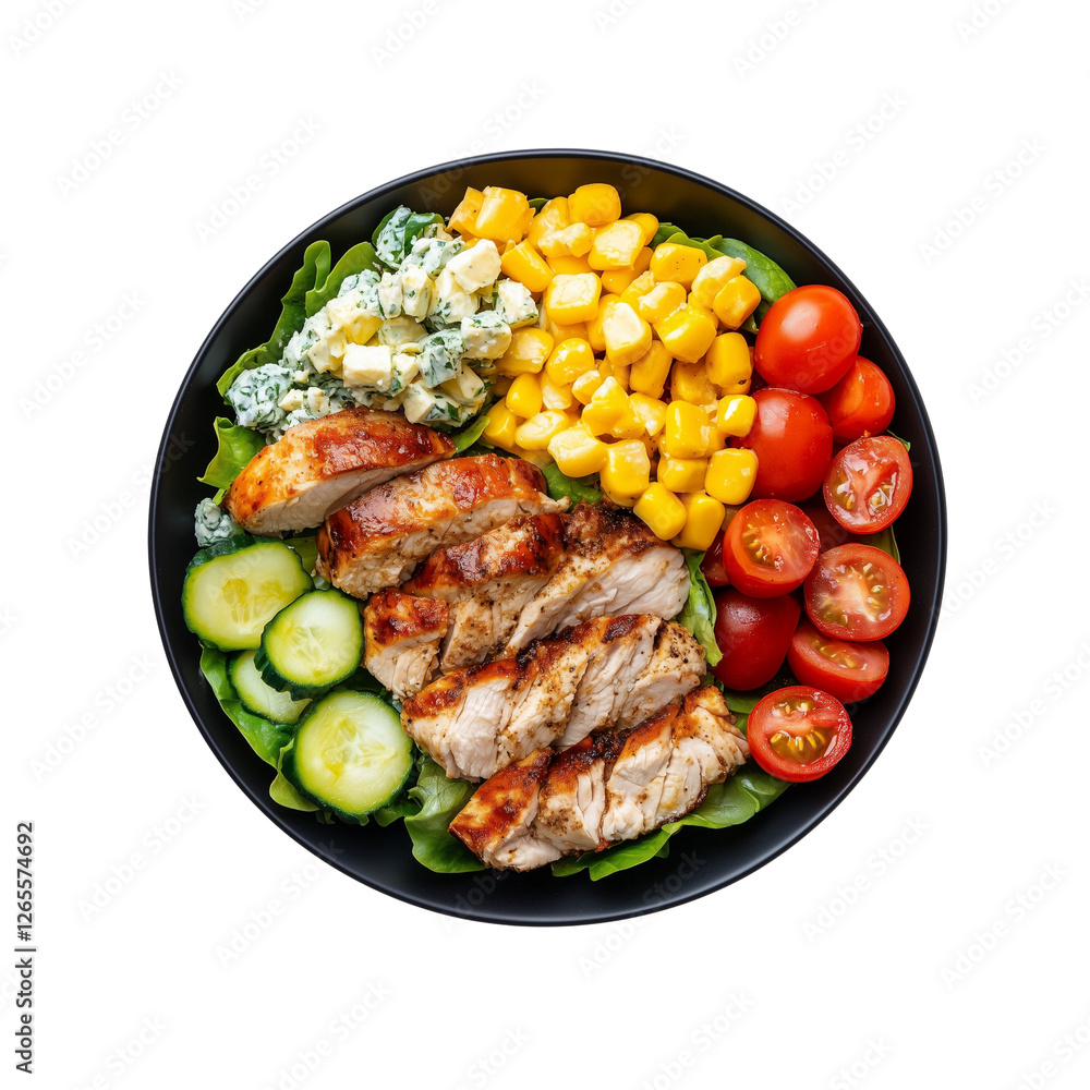 A colorful salad bowl featuring grilled chicken, mixed greens, cherry tomatoes, cucumbers, blue cheese, and sweet corn. A colorful salad bowl featuring grilled chicken, mixed greens, cherry tomatoes, cucumbers, blue cheese, and sweet corn.
