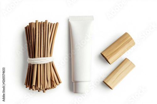 White tube of organic cosmetics neatly placed next to bamboo accessories photo