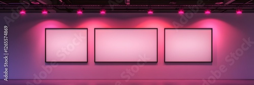 A rectangular white wall illuminated by seven magenta spotlights, holding three oversized rectangular blank frames evenly spaced along the length.