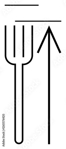 Fork with three tines beside an arrow pointing up and two horizontal lines. Ideal for business strategy, progress, or growth concepts, culinary themes, directions, minimalist art, packaging design