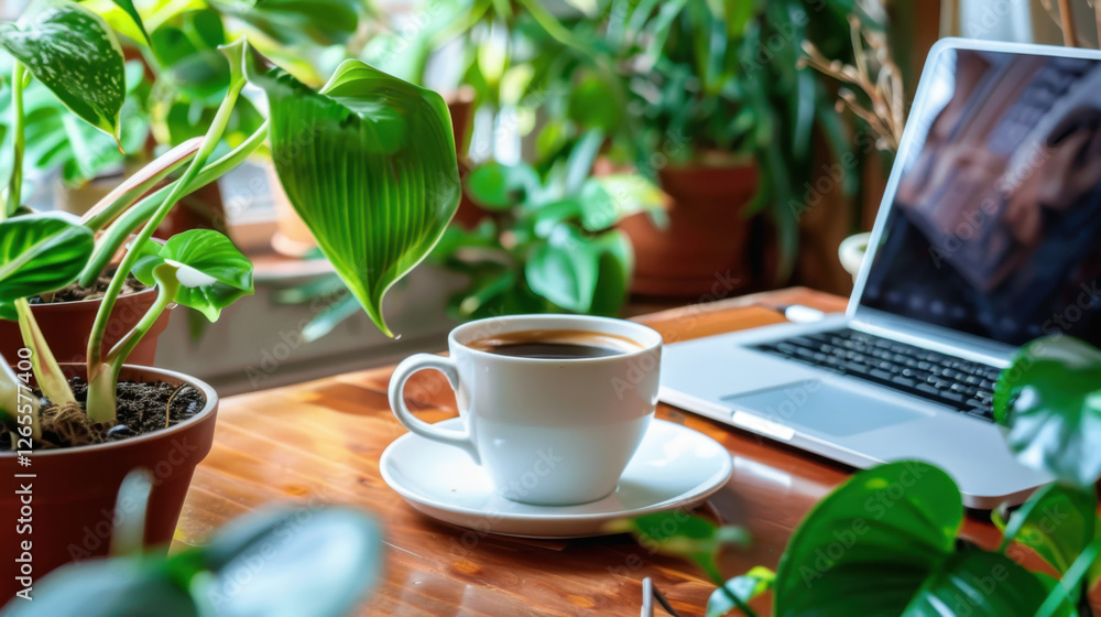 cozy workspace featuring cup of coffee, laptop, and lush green plants, creating refreshing and inviting atmosphere for productivity cozy workspace featuring cup of coffee, laptop, and lush green plants, creating refreshing and inviting atmosphere for productivity