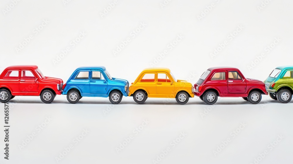 Fototapeta premium A set of colorful toy cars lined up on a white background.