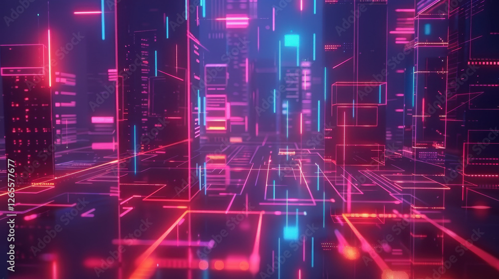 Fototapeta premium Futuristic cityscape with neon lights and digital elements, creating vibrant and immersive atmosphere. glowing lines and structures evoke sense of advanced technology and innovation