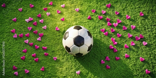 Aerial View of Soccer Ball Surrounded by Pink Hearts - Valentine's Day Sports Theme