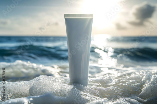 White tube of sunscreen against the backdrop of ocean waves and bright sun photo