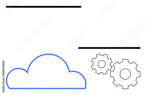 Cloud outline in blue, two black gear icons, and two horizontal black lines. Ideal for technology, cloud computing, data management, productivity, innovation, system integration and network
