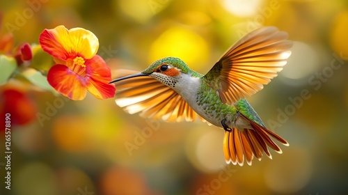 A hummingbird mid flight approaches a bright tropical flower.