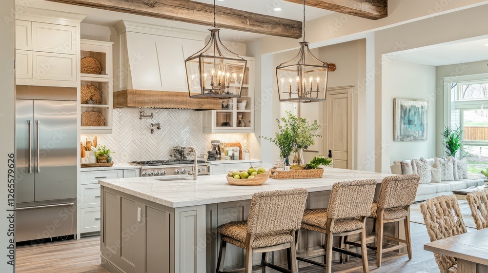 Fototapeta premium Beautiful and spacious kitchen featuring an island with barstools