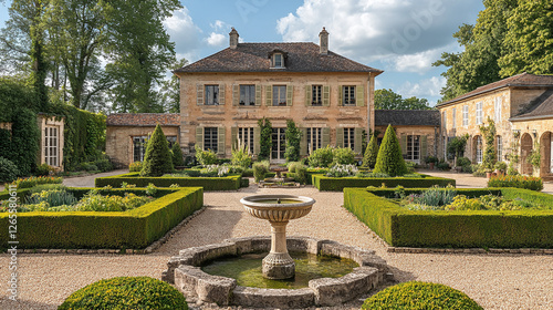 A french country estate with manicured hedges, a formal parterre garden, and a charming stone courtyard with a central fountain.