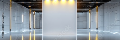 A towering rectangular white wall lit by six golden-yellow spotlights, positioned in a futuristic gallery with glossy white tiles and glowing LED strips.