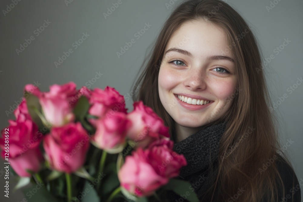 Smiling young caucasian female with pink roses Smiling young caucasian female with pink roses